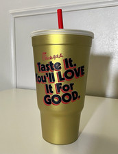 RARE Chick-fil-A Gold Promotional Plastic Tumbler Cup w/ Lid & Red Straw NO CODE picture