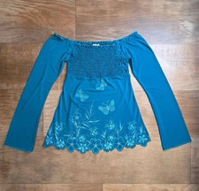 Vintage Y2K Lipstick Beaded Off-the-Shoulder Smocked Butterfly Top - Size M picture