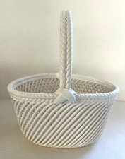 Vintage Centerpiece White Woven Ceramic Handle Basket picture