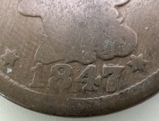 1847/47 N-18 R-5 Braided Hair Large Cent - Crisp 47 over 47 Overdate Rare US 1c picture