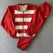Vintage Adidas Striped Nylon Track Suit Pants Jacket Size M White Red 90s Rare picture