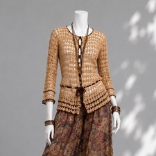 90s Y2k Crochet Top S Tan Open Knit Boho Festival Grandmacore Tie Waist Blouse picture