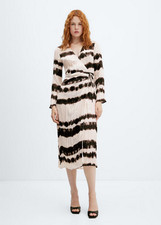NWT MANGO MNG $100 ECRU BROWN TIE-DYE PLEATED SHIRT DRESS SZ L US 8 picture