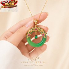 Round Green Jade Pendant Necklace 18K Gold Plated Chain Dainty Gemstone Jewelry picture