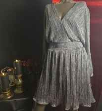 BCBG Paris Silver Metallic Pleated Lined Cocktail Dress Large picture