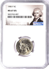 1985 P Jefferson Nickel *** NGC MS 67 5FS 