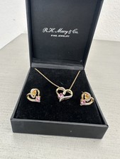 Macy’s Fine Jewelry 2-Pc Heart Necklace/Earrings Set 14k Gold 925 Pink Sapphire picture