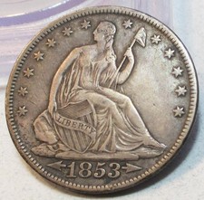 1853 SEATED LIBERTY HALF DOLLAR A&R 50C **VF+** RARE US COIN picture