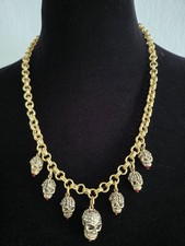 Vintage KIRK'S FOLLY Crystal Skulls Necklace 7 Rhinestone Pendants NOS 22