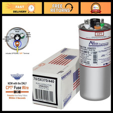Dual Universal Capacitor 70/5 uf 370/440 VAC Round AmRad Replacement - USA Made picture