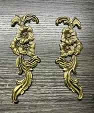 2 Antique Brass MCM embellishment flowers brass decoration Hardware Cabinet 57 picture