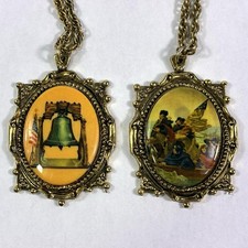 2 Vintage Colonial American Pendant Necklaces Liberty Bell & George Washington picture