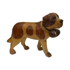 Vintage Hand Carved Wooden Dog Figurine Carrying Barrel Brown Spots Collar picture