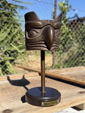 Haida Kwakiutl Style Brass Eagle Mask Miniature Totem Sculpture On Stand picture