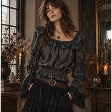 Vintage Small Black Top Whimsigoth Boho Witchy Lace Ruffle Bell Sleeve Y2K Goth picture