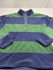 Tommy Hilfiger Men's Green Striped Fleece Pullover 1/4 Button Vintage 90s L picture