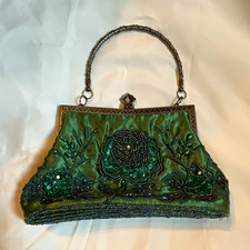 Vintage Green Beaded Satin Metal Frame Clutch w/ Chain Strap Formal Evening picture