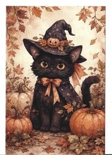 NEW HALLOWEEN KITTEN POSTCARD 4X6 BLACK CAT WITCHES HAT ORANGE PUMPKINS & LEAVES picture