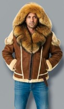 “Men’s Brown Shearling Sheepskin Leather Jacket Fur Hooded Winter Warm Coat picture