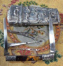 Antique French 18th c Vest Pocket Etui, Nécessaire, Vanity Tools, Scissors Knife picture