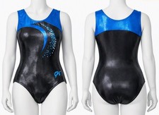 GK Elite Gymnastics Leotard Black Blue Foil Sequins Size AXS picture