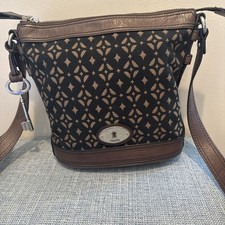 Fossil Maddox Brown & Black Canvas and Leather Bucket Shoulder/Crossbody Purse picture