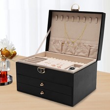3 Tier Jewelry Box Watch Storage Case Black PU with Lock for Men Women Organizer picture