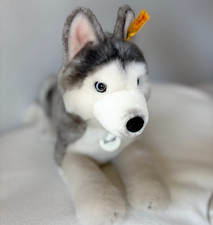 Steiff Bernie Siberian Husky Grey Wolf Dog Pup Plush Realistic Laying New 20