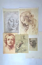 Vintage Old Master Drawings Facsimile Prints Alinari Da Vinci Michelangelo 5 Pcs picture
