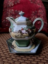 Rare Antique Japan Nippon Moriage Hand Painted Porcelain Fox Hunt Teapot Saucer picture