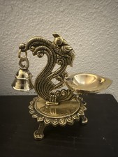 New Brass Peacock Diya Oil Lamp with Hanging Bell, Handcrafted Pooja Decor picture