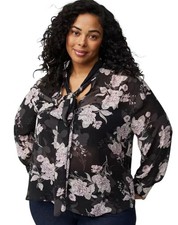 Torrid Women’s 1X Black Floral Chiffon Tie Neck Blouse Long Sleeve Career NWT picture