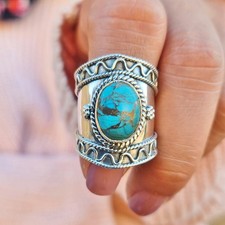 Genuine Turquoise Ring 925 Sterling Silver Boho Copper Turquoise Statement Ring picture