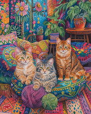 Three Cats on Knitted Cushions Among Yarn and Houseplants Print - 21700816 picture