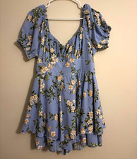 Inspired Hearts Blue Floral Smocked V-Neck Puff Sleeve Romper XL picture
