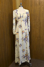 Women’s Vintage 70s Ivory Floral Square Neck Empire Long Sleeve Maxi Dress Med picture