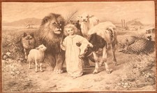 Antique 1896 sepia Photogravure Print Peace William  Child Lion Lamb Fox picture