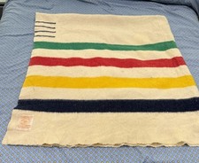 Vintage Hudson's Bay 4 Point Blanket Wool Striped Camp Beach England 86X76 picture