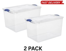 (2 Pack) Sterilite 66 Qt Latching Storage Bin Clear Plastic Blue Container. picture