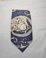Authentic Gianni Versace Silk Tie Medusa Head Greek Key Barocco Navy Blue Italy picture