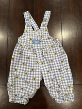 Baby B'gosh Vintage Girls 6-9 month Blue Gingham Flower Overall Romper Cotton picture