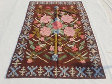 Vintage Traditional Handmade Romanian Floral Wool Brown Kilim 6.5x4.8ft picture