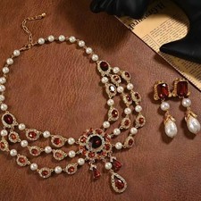 Vintage Baroque Pearl Garnet Necklace Set Gold Statement Jewelry Bridal Earrings picture