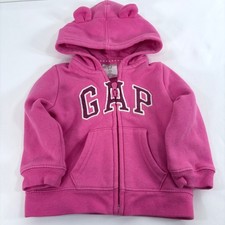 Baby Gap Hoodie Pink Bear Ears Glitter Logo Zip Up Fleece 6-12 Months picture
