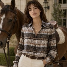 K Arnold 100% Silk Equestrian Horse Print Button Front Blouse Womens S Vintage picture