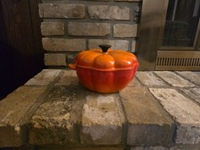 Vintage Le Creuset Orange Cast Iron Enamel Coated Pumpkin Cocotte Dutch Oven picture