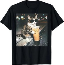 Funny Cat Drinking Iced Coffee Funny Cat Lover Animal Meme T-Shirt picture