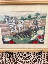 Vintage Shire Horses Ploughing Field Framed Needlepoint Tapestry Folk Art picture