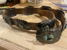 Vintage Heavy silver Belt w/ Turquoise Conchos, Size 30 picture