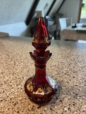 Antique Bohemian Glass Hand Painted Leaves Red Perfume Bottle picture